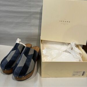 Sézane Sabots High Dakota Ocre Lisse Wooden Blu & Gray Patchwork Clogs US 8 NWT